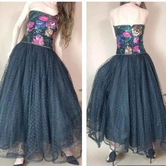 Vintage 80s Party Ball Gown Sequins Tulle - Picture 6 of 8